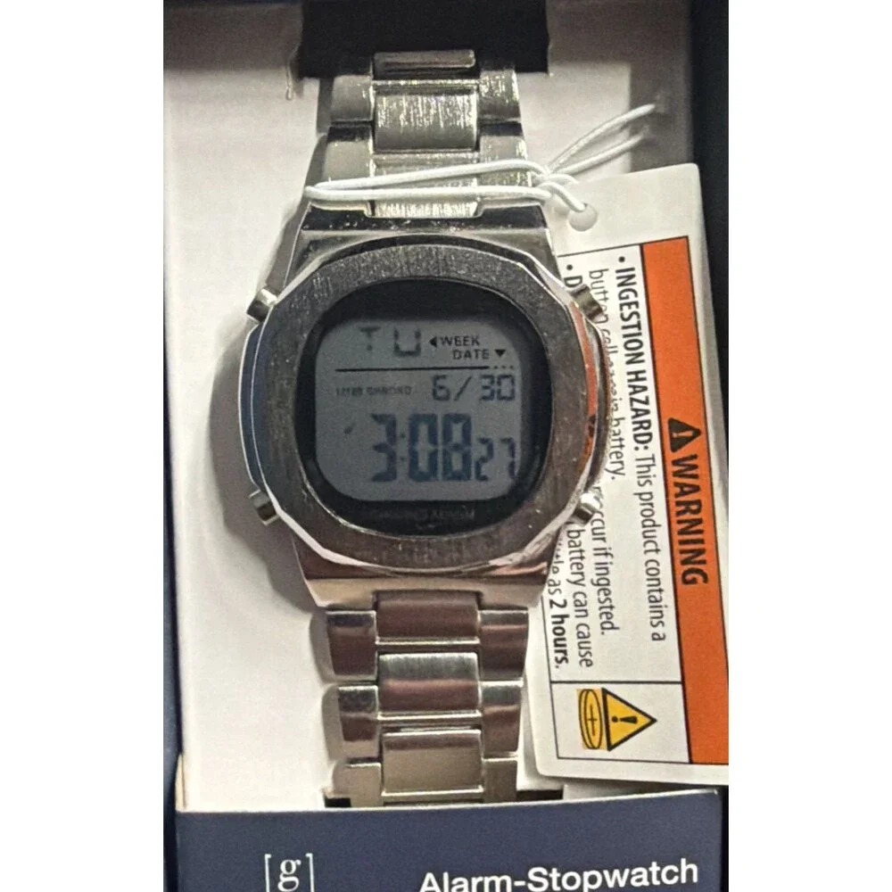 George Mens Digital Silver-Plated Watch-Alarm,Stopwatch,Backlight-New In Box